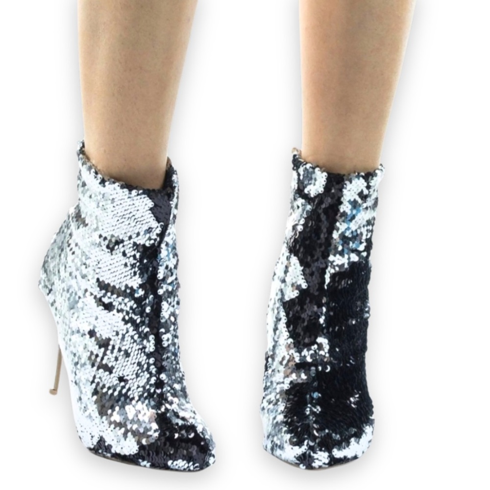 Wild Diva Silver Black Sequin Ankle Boots